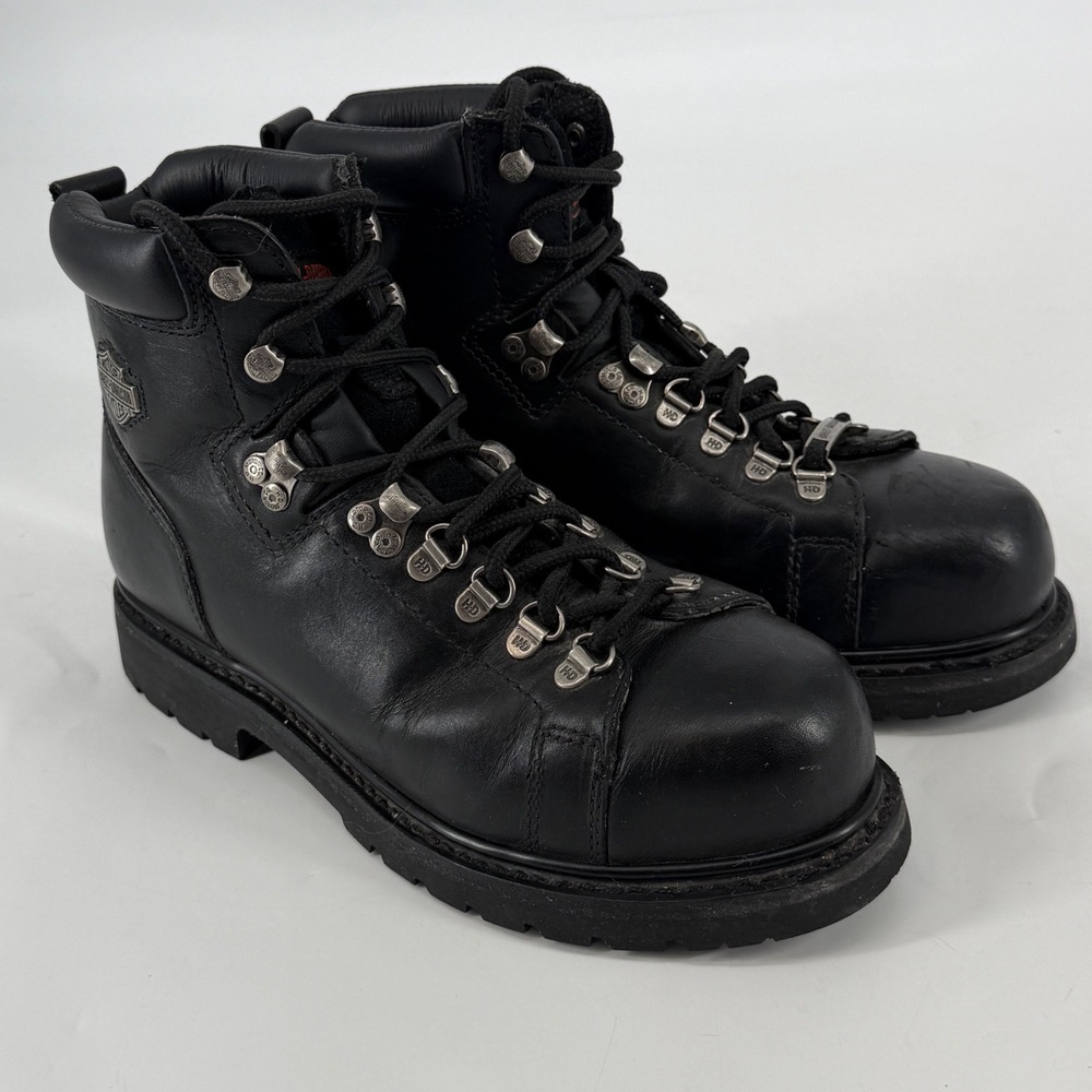 Harley Davidson Mens Black Leather Lace Up Biker Boots 91630 Size 7.5 Wide